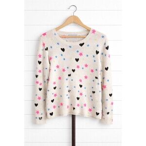 Hannah Rose 100 % Cashmere Off White Sweater Hearts Stars Crew Neck L